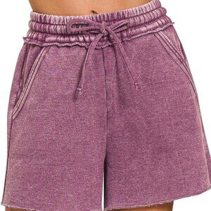 Zenana Acid Wash Fleece Drawstring Shorts With Pockets‎